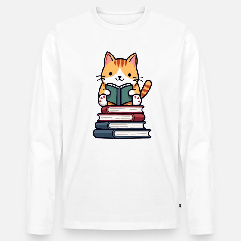 Katze liest ein Buch - Männer Premium Bio Langarmshirt - Weiß