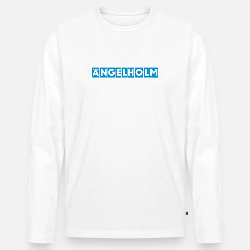 Angelholm Blue Block Text Tee - Männer Premium Bio Langarmshirt - Weiß