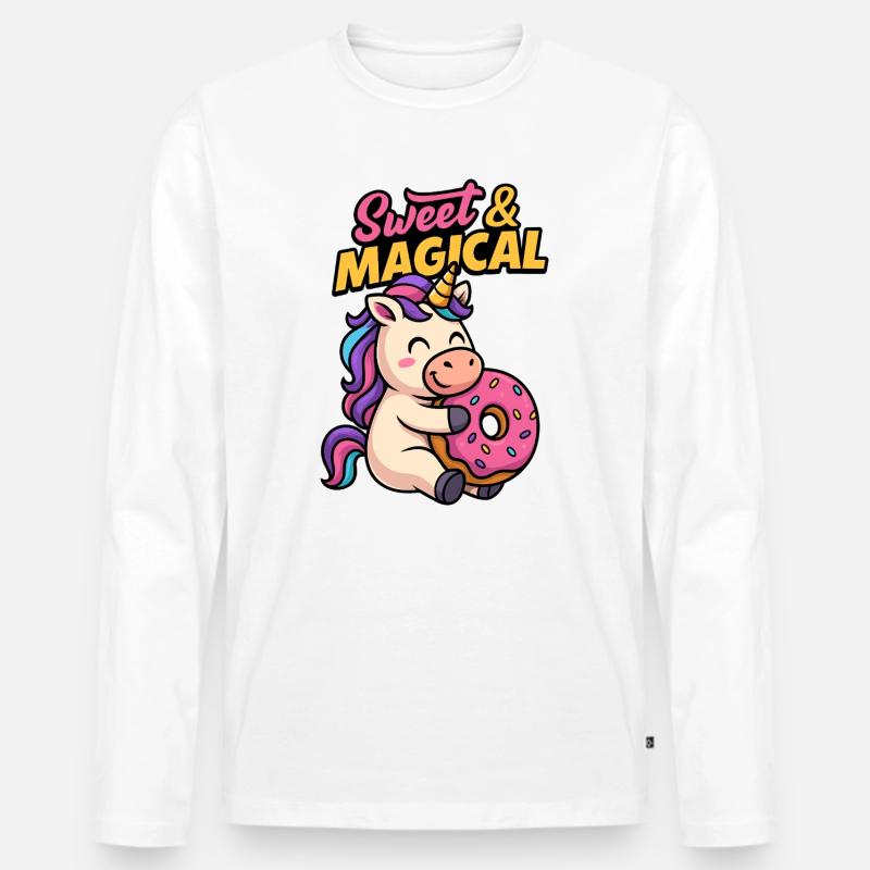 Süßes Einhorn mit Donut - Männer Premium Bio Langarmshirt - Weiß
