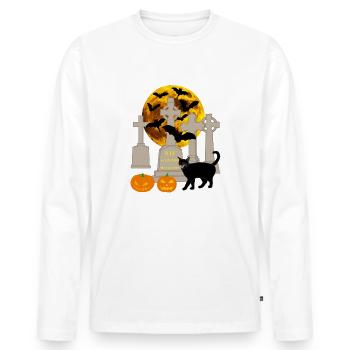 Halloween, Katze, Kürbis, Fledermaus, Keltenkreuz - Männer Premium Bio Langarmshirt - Weiß - Vorne - Nico (187cm)
