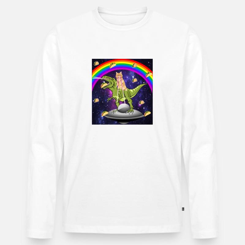 Kitty Rainbow Laser Eye T Rex Riding Space Cat - Männer Premium Bio Langarmshirt - Weiß