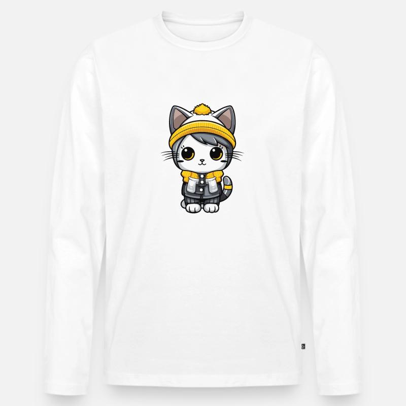Katze Winter Comic Niedlich - Männer Premium Bio Langarmshirt - Weiß