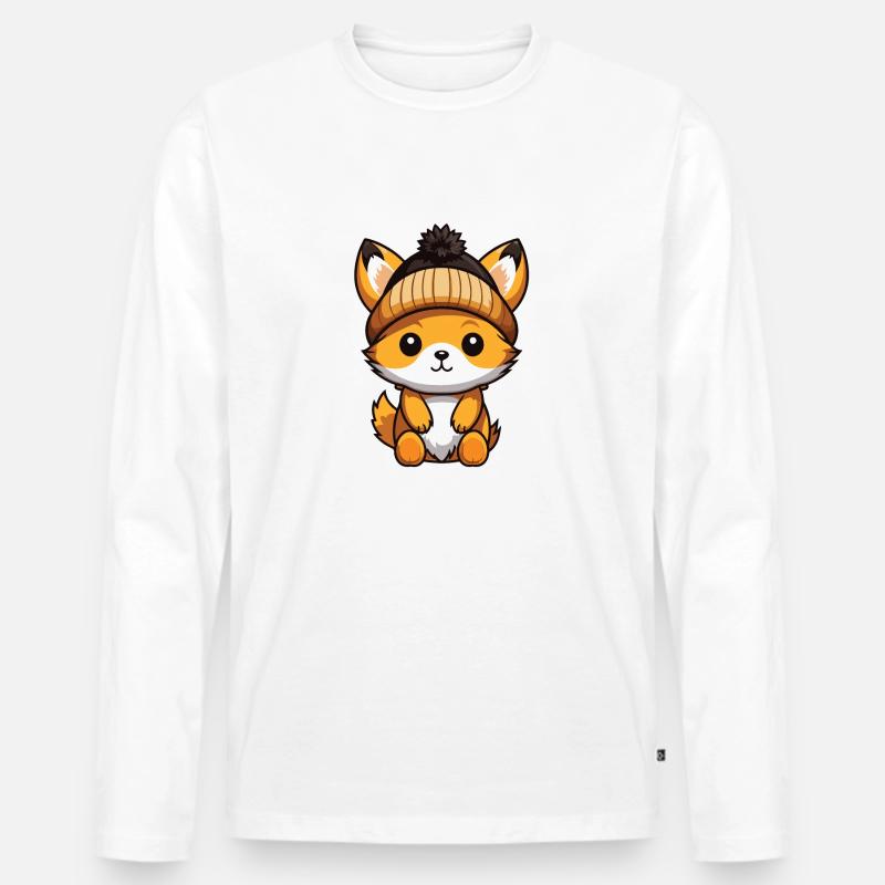 Fuchs Winter Comic Mütze - Männer Premium Bio Langarmshirt - Weiß