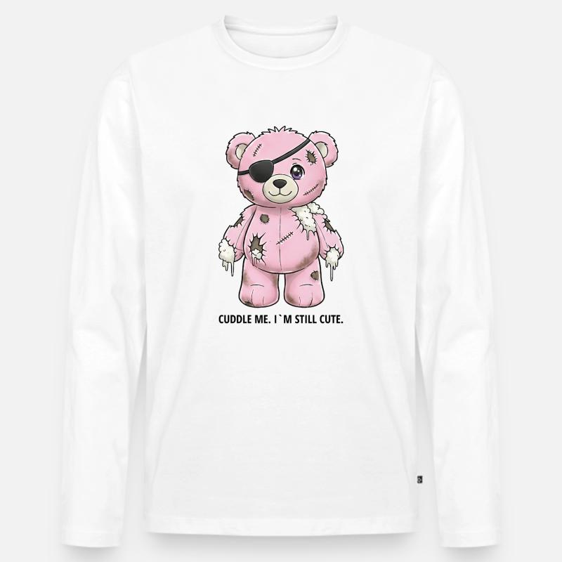 Patchwork Pinker Teddybär mit Augenklappe - Männer Premium Bio Langarmshirt - Weiß