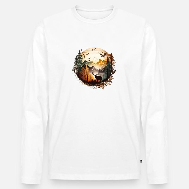 Landschaft Hirsch | Berge | Sonne - Männer Premium Bio Langarmshirt - Weiß