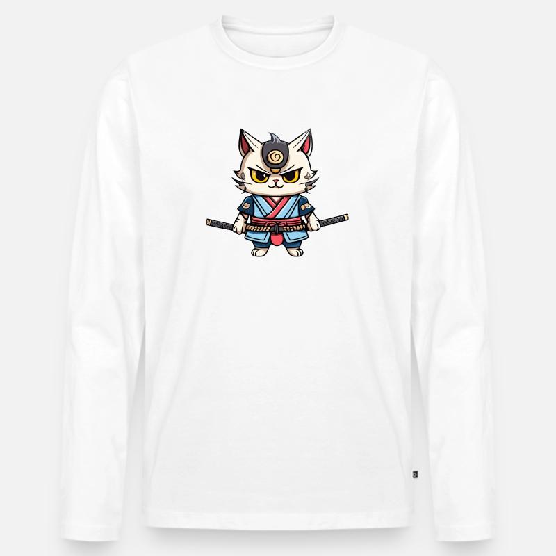 Samurai-Katze #38 - Männer Premium Bio Langarmshirt - Weiß