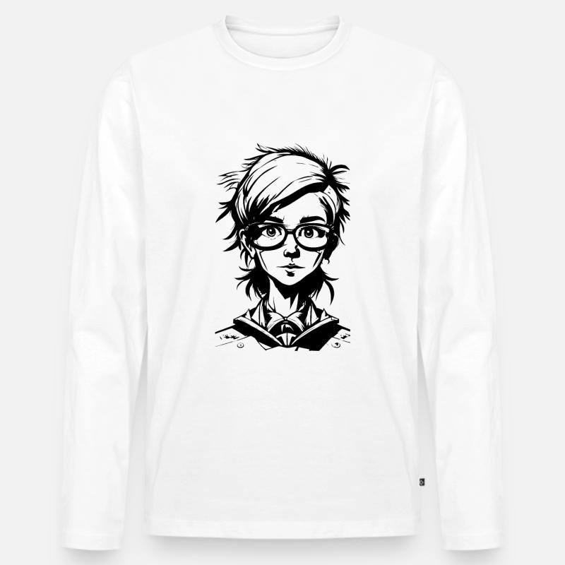 Manga Mädchen - Schulmädchen mit Brille - Männer Premium Bio Langarmshirt - Weiß