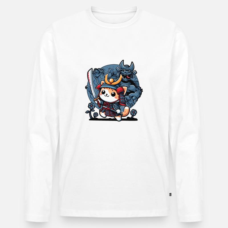 Samurai-Ninja-Katze und Monster dahinter - Männer Premium Bio Langarmshirt - Weiß