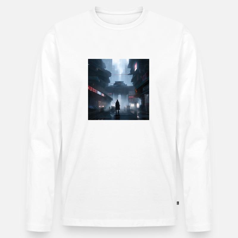 Shadow Ronin: Samurai-Silhouette im Regen - Männer Premium Bio Langarmshirt - Weiß