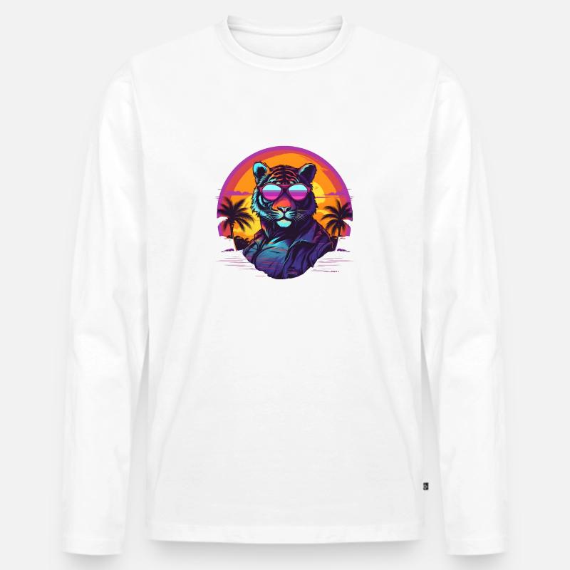 Synthwave Tiger Sunset - Männer Premium Bio Langarmshirt - Weiß