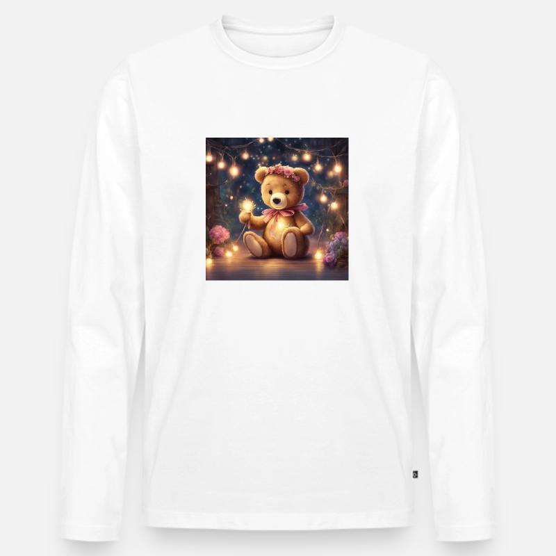 Mädchen Teddy unter Lichterketten - Männer Premium Bio Langarmshirt - Weiß
