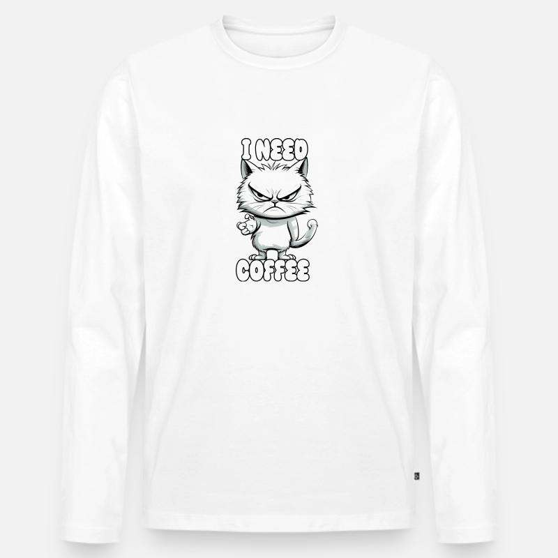 Katze - i need coffee - Männer Premium Bio Langarmshirt - Weiß