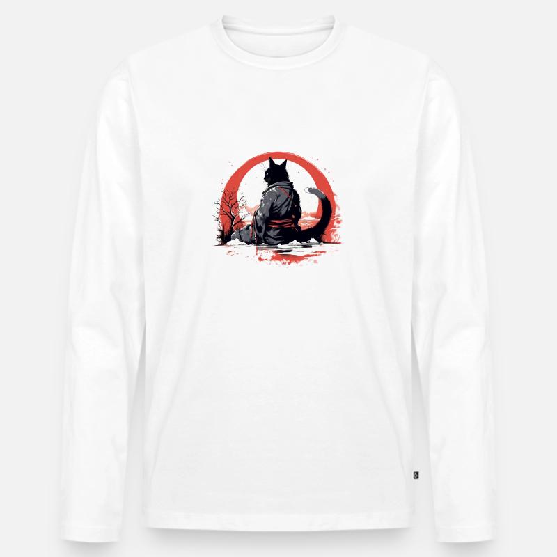Samurai-Katze - Männer Premium Bio Langarmshirt - Weiß