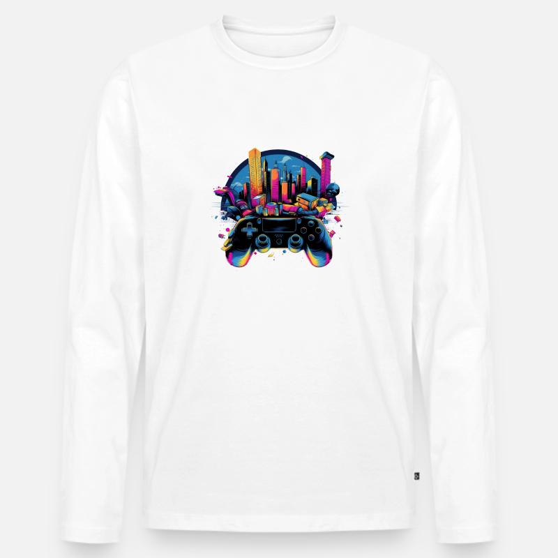 Gaming Universe: Controller & Cityscape Art - Männer Premium Bio Langarmshirt - Weiß