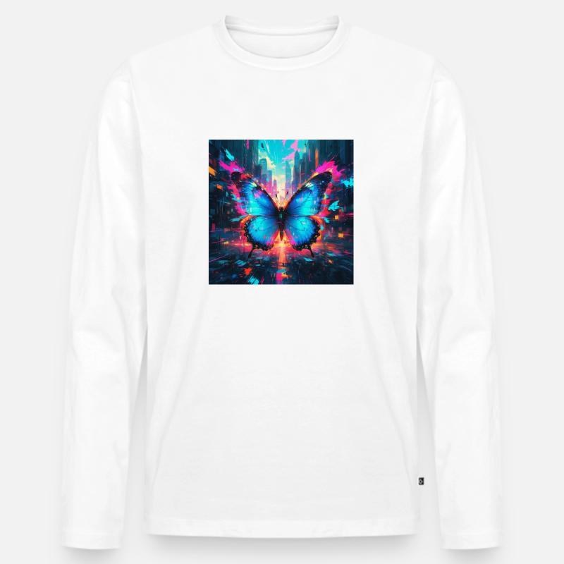 Neon Blauer Morphofalter Schmetterling - Männer Premium Bio Langarmshirt - Weiß