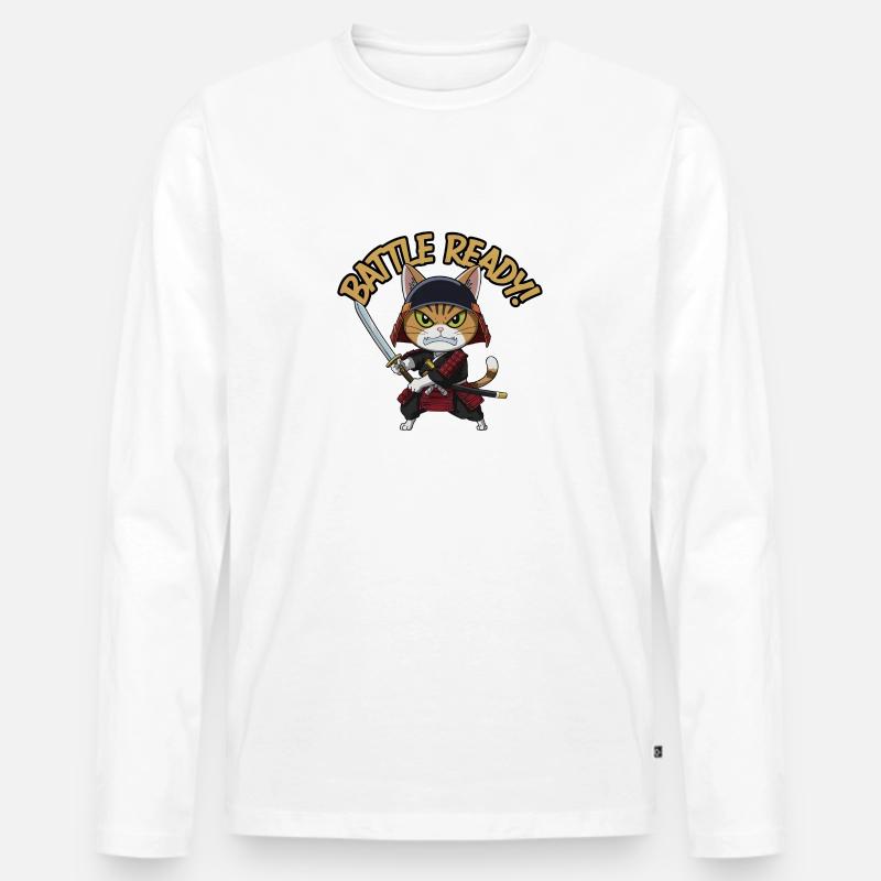 Samurai-Katze - Männer Premium Bio Langarmshirt - Weiß