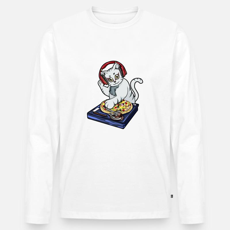 Katze Pizza DJ - Männer Premium Bio Langarmshirt - Weiß