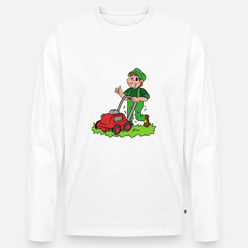 Gärtner mit Rasenmäher - Männer Premium Bio Langarmshirt - Weiß