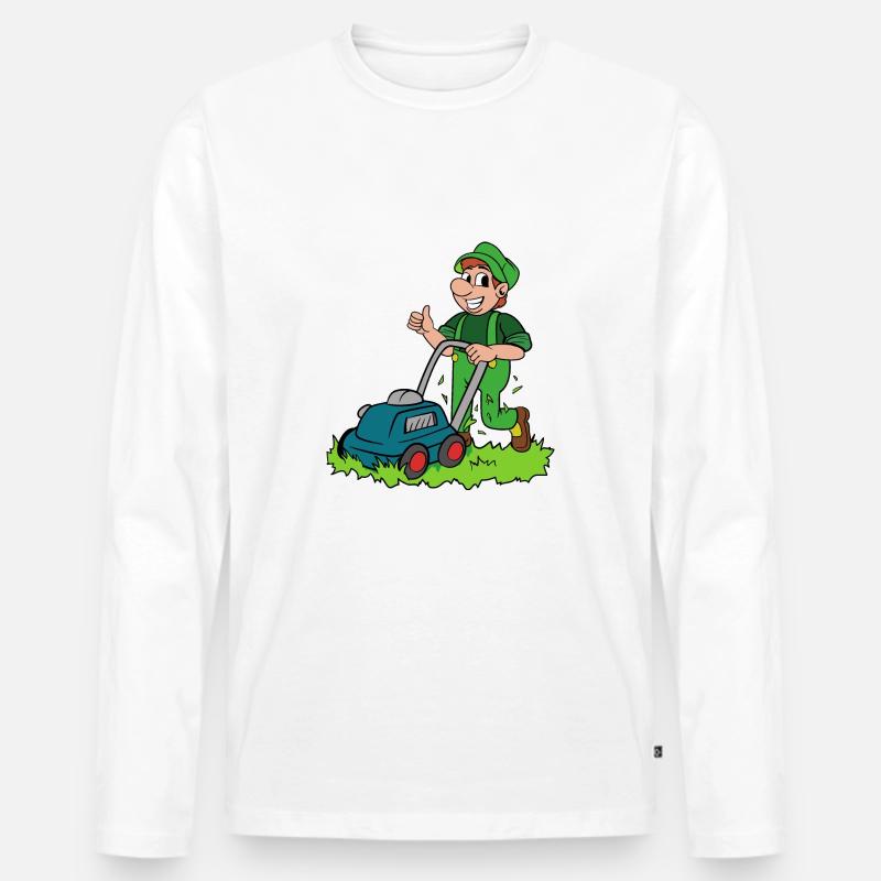Gärtner mit Rasenmäher - Männer Premium Bio Langarmshirt - Weiß