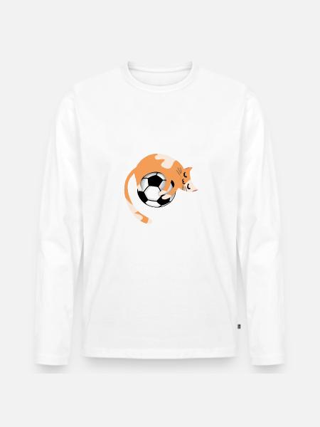 Katze mit Fußball - Männer Premium Bio Langarmshirt - Weiß