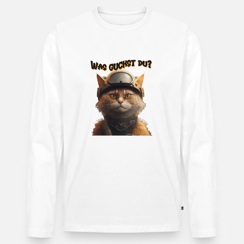 Katze mit Helm - Was guckst du? - Männer Premium Bio Langarmshirt - Weiß