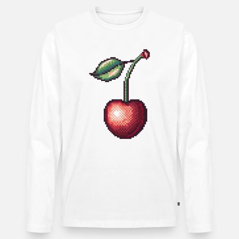 Retro Pixel Kirsche - Männer Premium Bio Langarmshirt - Weiß