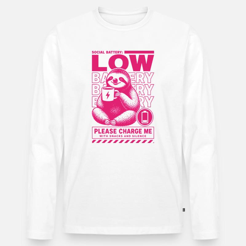 Low Battery Sloth Funny Design - Männer Premium Bio Langarmshirt - Weiß