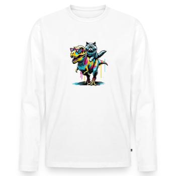 Pop Art Dinosaure T-Rex Chat Sibérien - T-shirt manches longues Premium bio Homme - blanc - Devant - Nico (187cm)