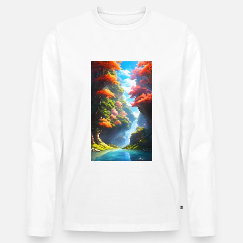 Üppiger & bunter Anime-Fluss mit Bäumen - Männer Premium Bio Langarmshirt - Weiß