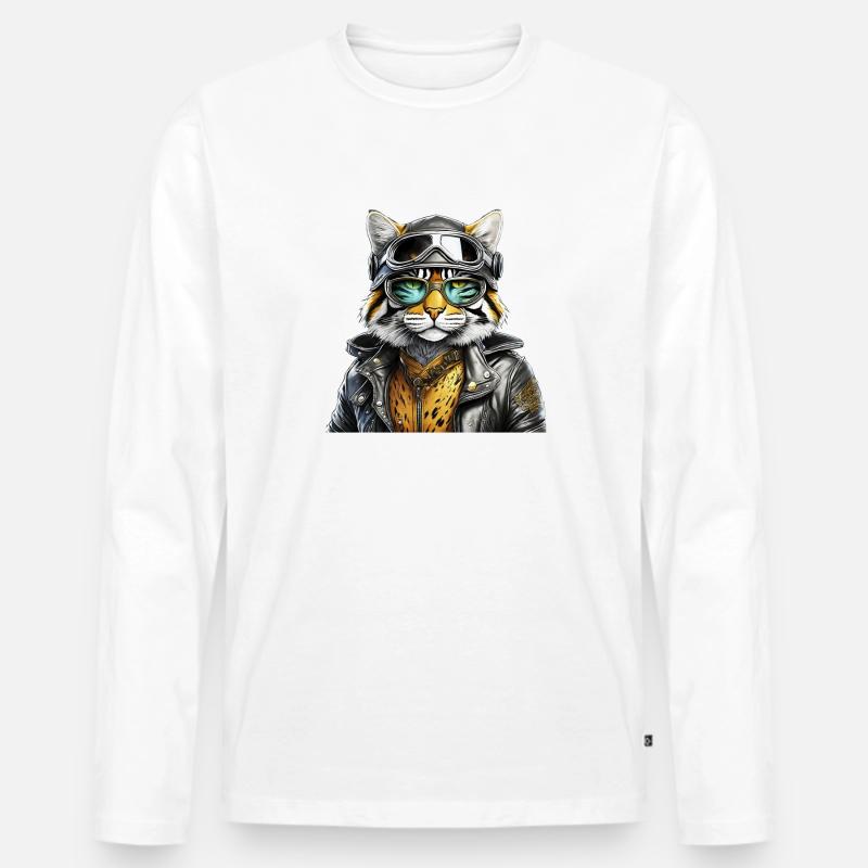 KATZE LEDERJACKE BRILLE - Männer Premium Bio Langarmshirt - Weiß