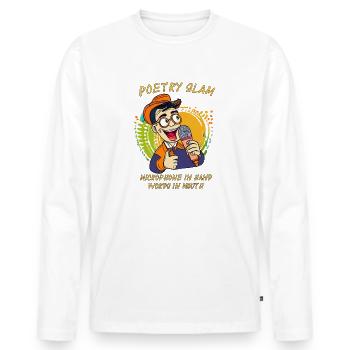 POETRY SLAM MICROPHONE IN HAND WORDS - Männer Premium Bio Langarmshirt - Weiß - Vorne - Nico (187cm)