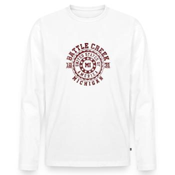 Battle Creek MI | Michigan Reise Geschenk - Männer Premium Bio Langarmshirt - Weiß - Vorne - Nico (187cm)