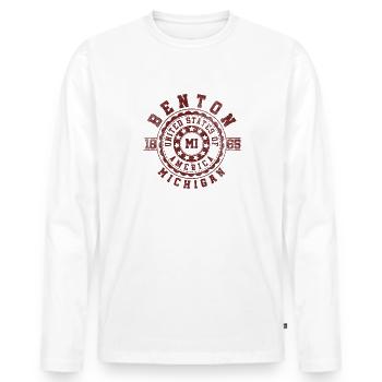 Benton MI | Michigan Travel & Souvenir Gift - Men's Premium Organic Long Sleeve Shirt - white - Front - Nico (187cm)