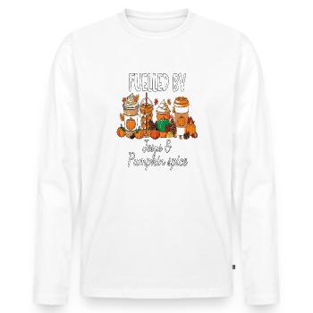 Fuelled By Jesus & Pumpkin Spice - Men's Premium Organic Long Sleeve Shirt - white - Front - Nico (187cm)