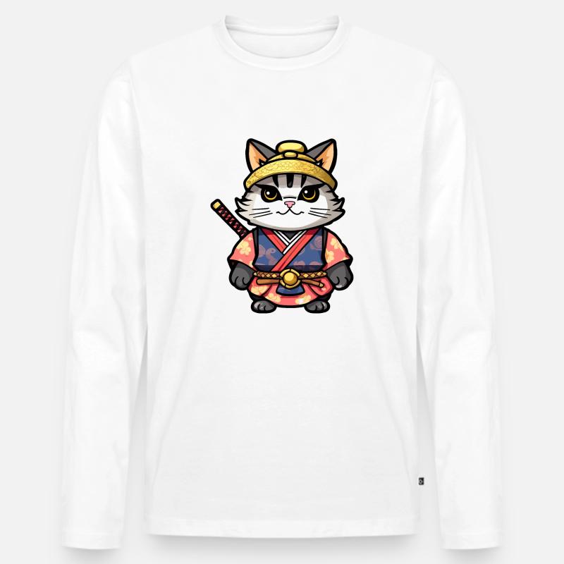 Samurai-Katze #13 - Männer Premium Bio Langarmshirt - Weiß