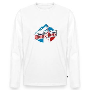 Route des Grandes Alpes Sticker | farbig | V2.0 - Männer Premium Bio Langarmshirt - Weiß - Vorne - Nico (187cm)