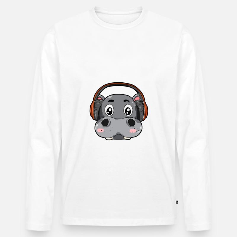 Nilpferd mit Kopfhörer - Männer Premium Bio Langarmshirt - Weiß