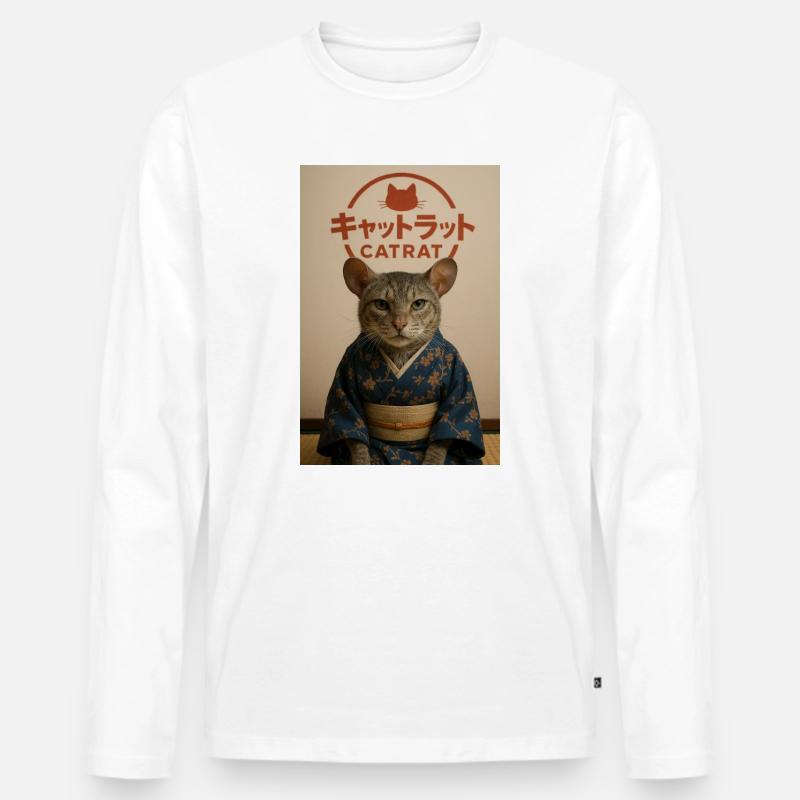 Cat Elegance im Kimono - Männer Premium Bio Langarmshirt - Weiß
