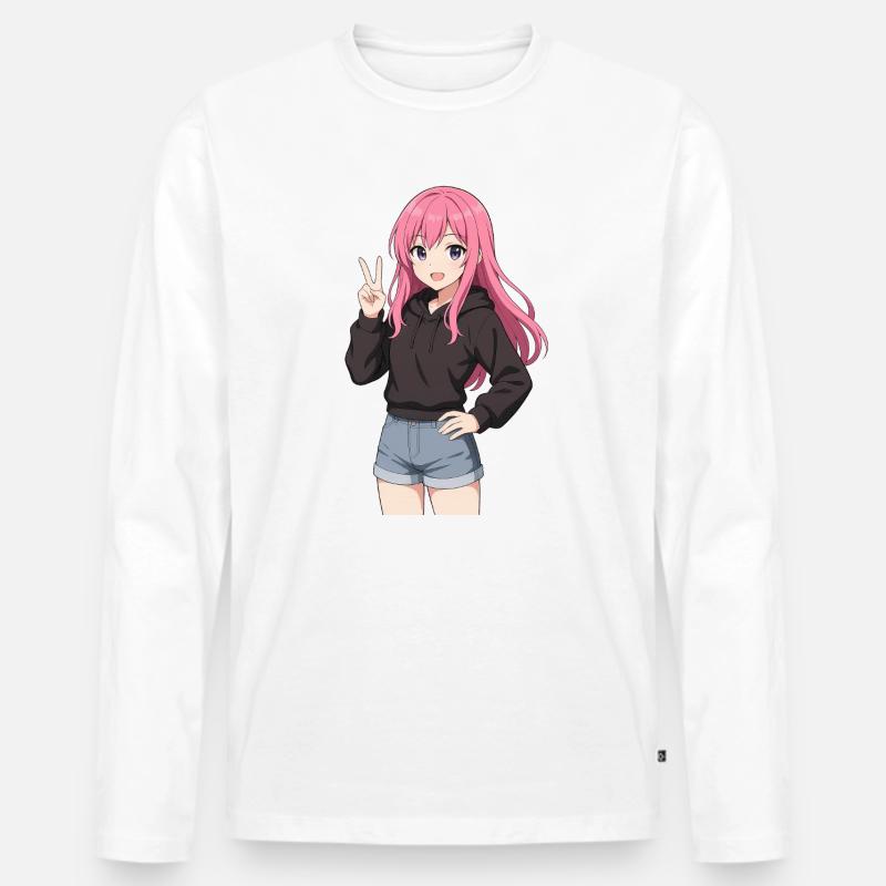 Anime-Mädchen mit rosa Kapuzenpullover - Männer Premium Bio Langarmshirt - Weiß