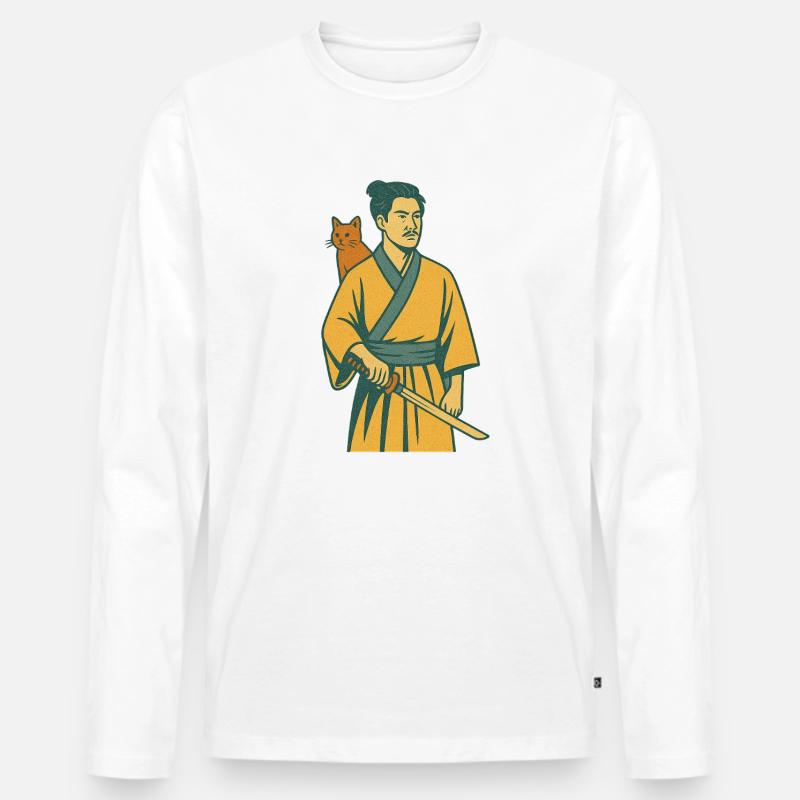 Samurai with Cat - Männer Premium Bio Langarmshirt - Weiß