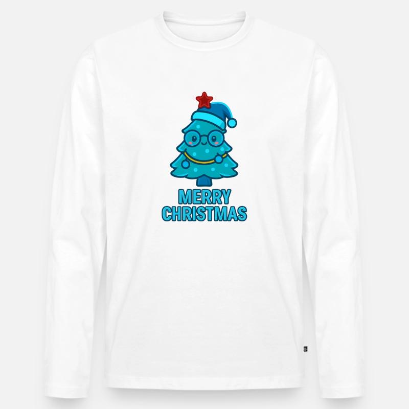 Blauer Comic-Weihnachtsbaum mit Brille - Männer Premium Bio Langarmshirt - Weiß