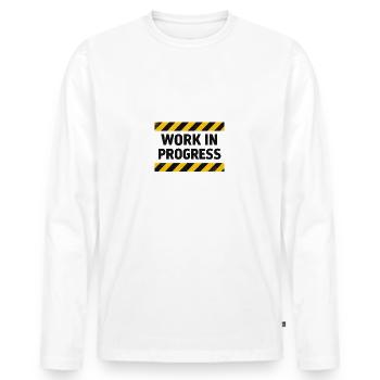 Progress in progress – warning tape - Men's Premium Organic Long Sleeve Shirt - white - Front - Nico (187cm)