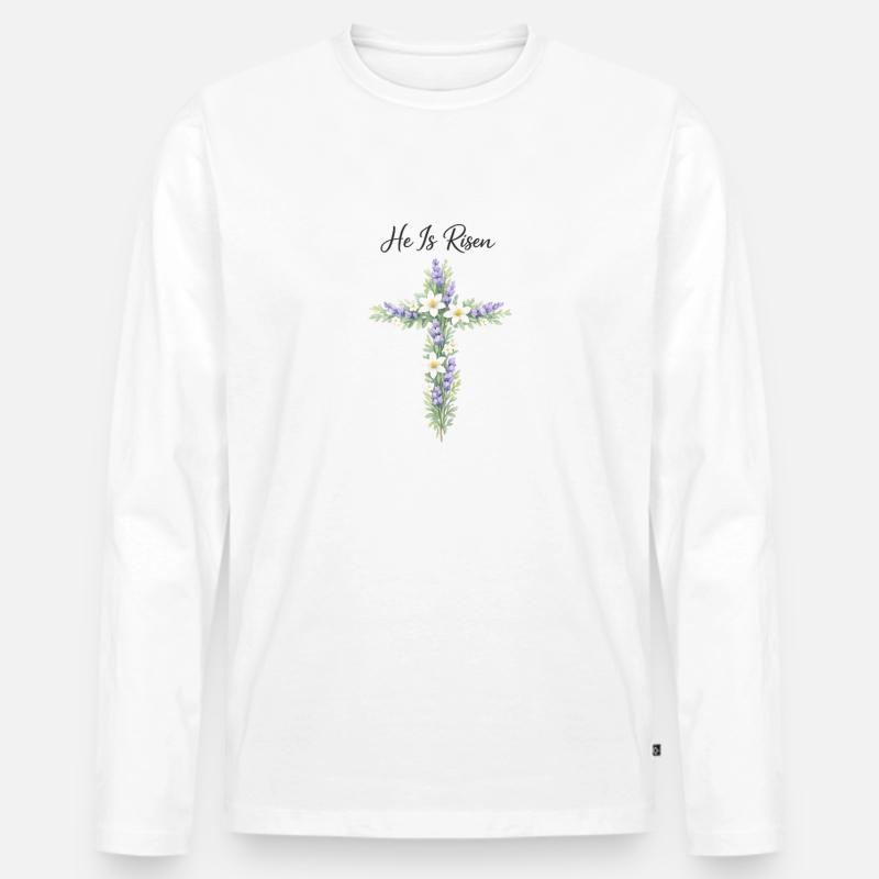 Blumenkreuz He Is Risen - Männer Premium Bio Langarmshirt - Weiß
