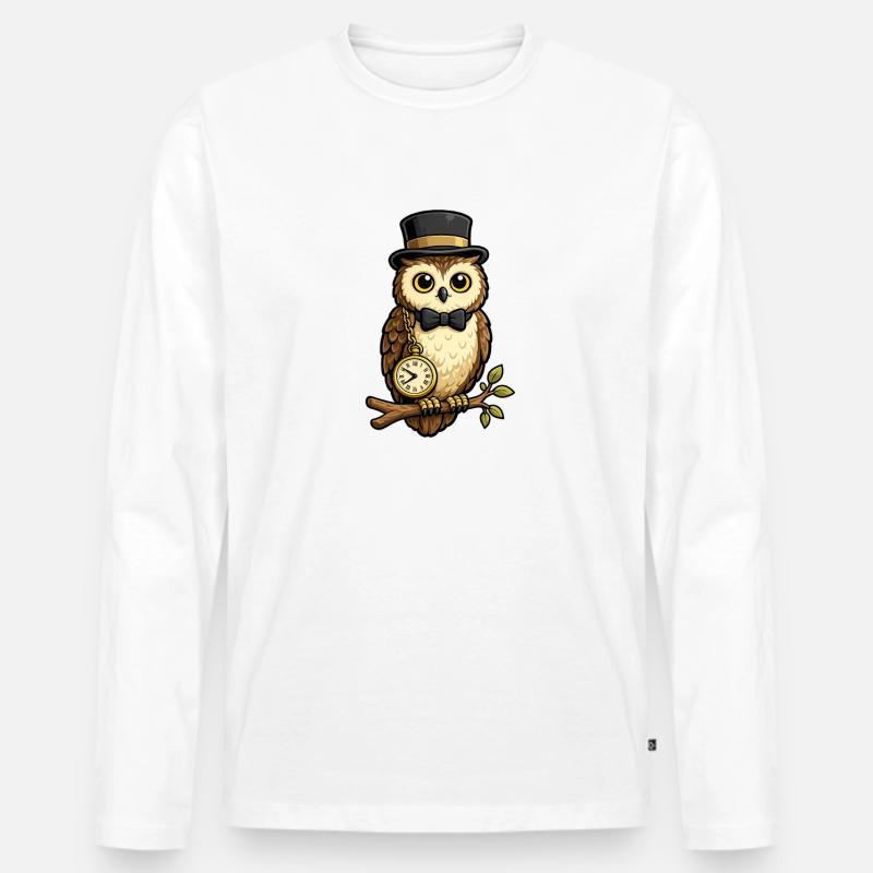 Eulen Gentleman mit Uhr und Hut - Männer Premium Bio Langarmshirt - Weiß