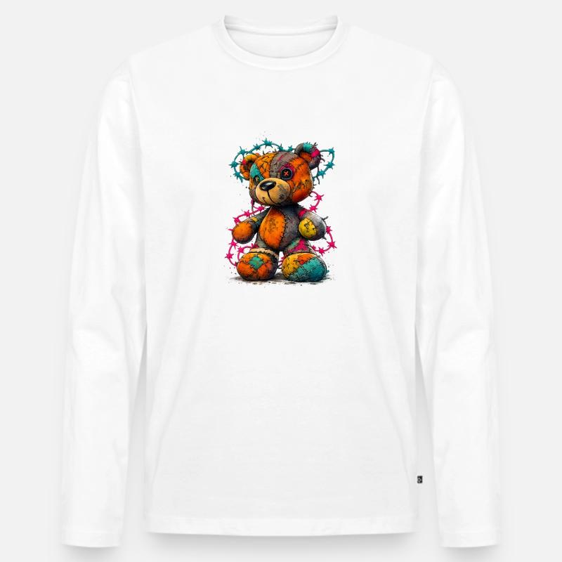 Patchwork Teddybär mit Neonfäden - Männer Premium Bio Langarmshirt - Weiß