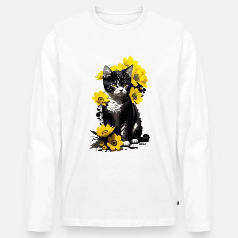Kätzchen sitzend mit gelben Blumen - Männer Premium Bio Langarmshirt - Weiß