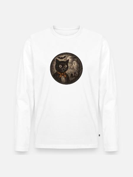 Chats effrayants avec lune fantôme - T-shirt manches longues Premium bio Homme - blanc