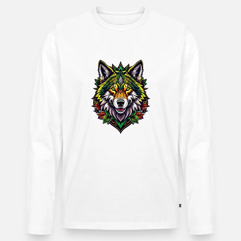 Farbenfrohe Wolfsillustration - Männer Premium Bio Langarmshirt - Weiß