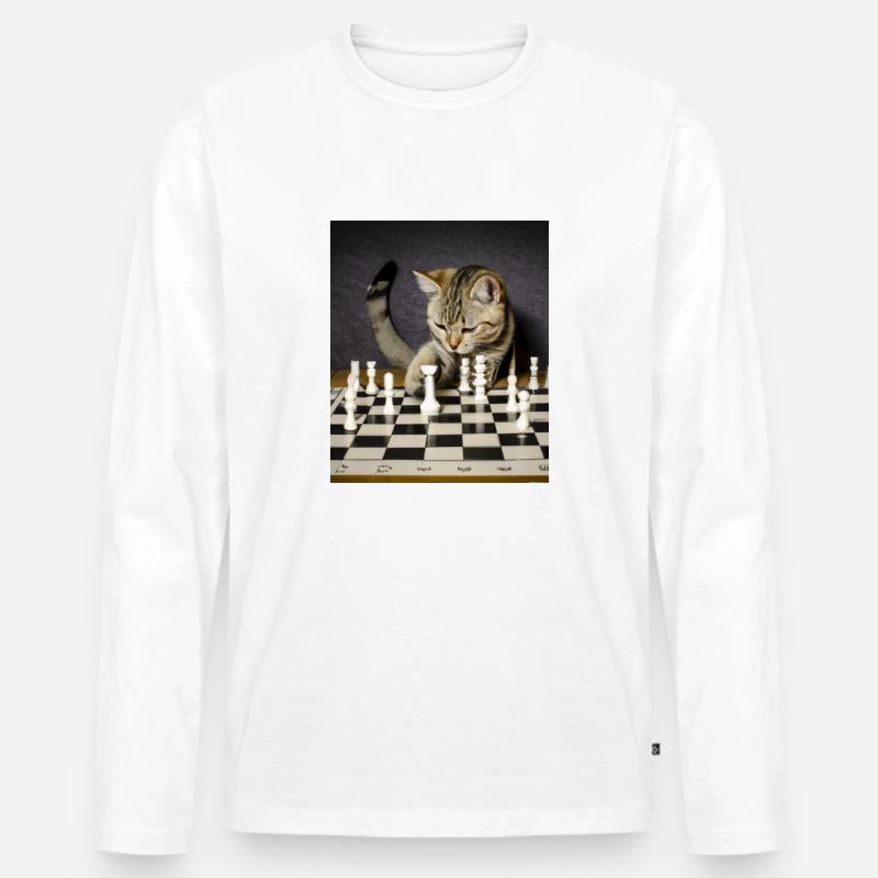 Katze spielt Schach - Männer Premium Bio Langarmshirt - Weiß