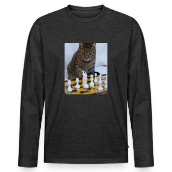 Le chat joue aux échecs - T-shirt manches longues Premium bio Homme - anthracite chiné - Devant - Nico (187cm)